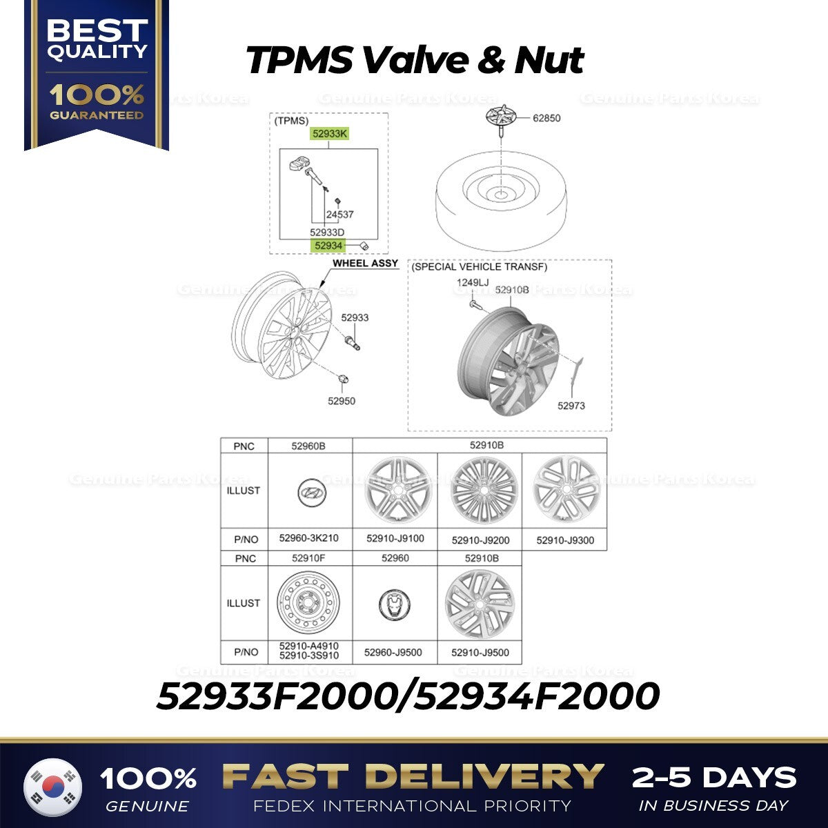 Genuine TPMS Valve & Nut 52933F2000 for Hyundai Elantra Kona