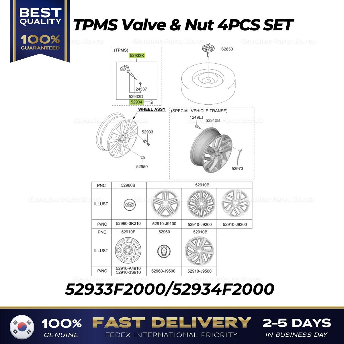 Genuine TPMS Valve & Nut 4PCS SET 52933F2000 for Hyundai Elantra Kona