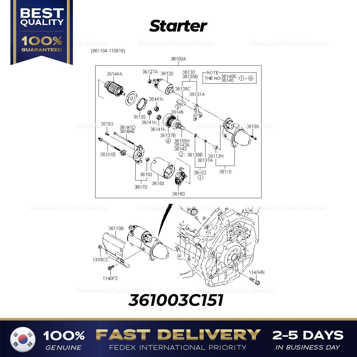 Genuine Starter 361003C151 for Hyundai Santa Fe Kia Sedona