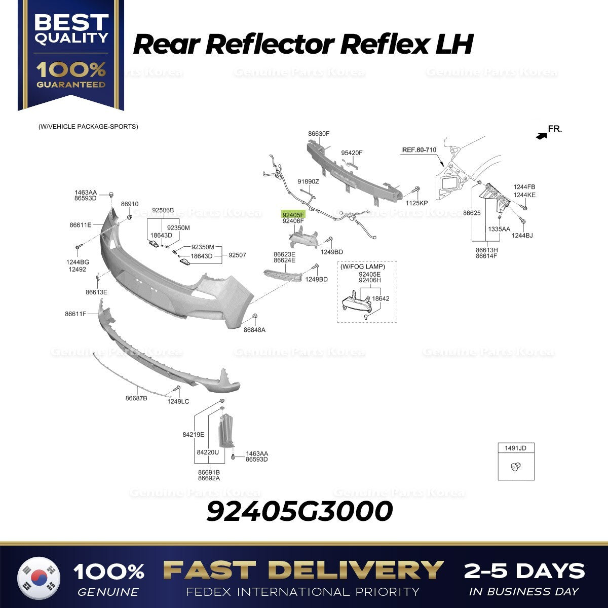 Genuine Rear Reflector Reflex LH 92405G3000 for Hyundai Elantra GT