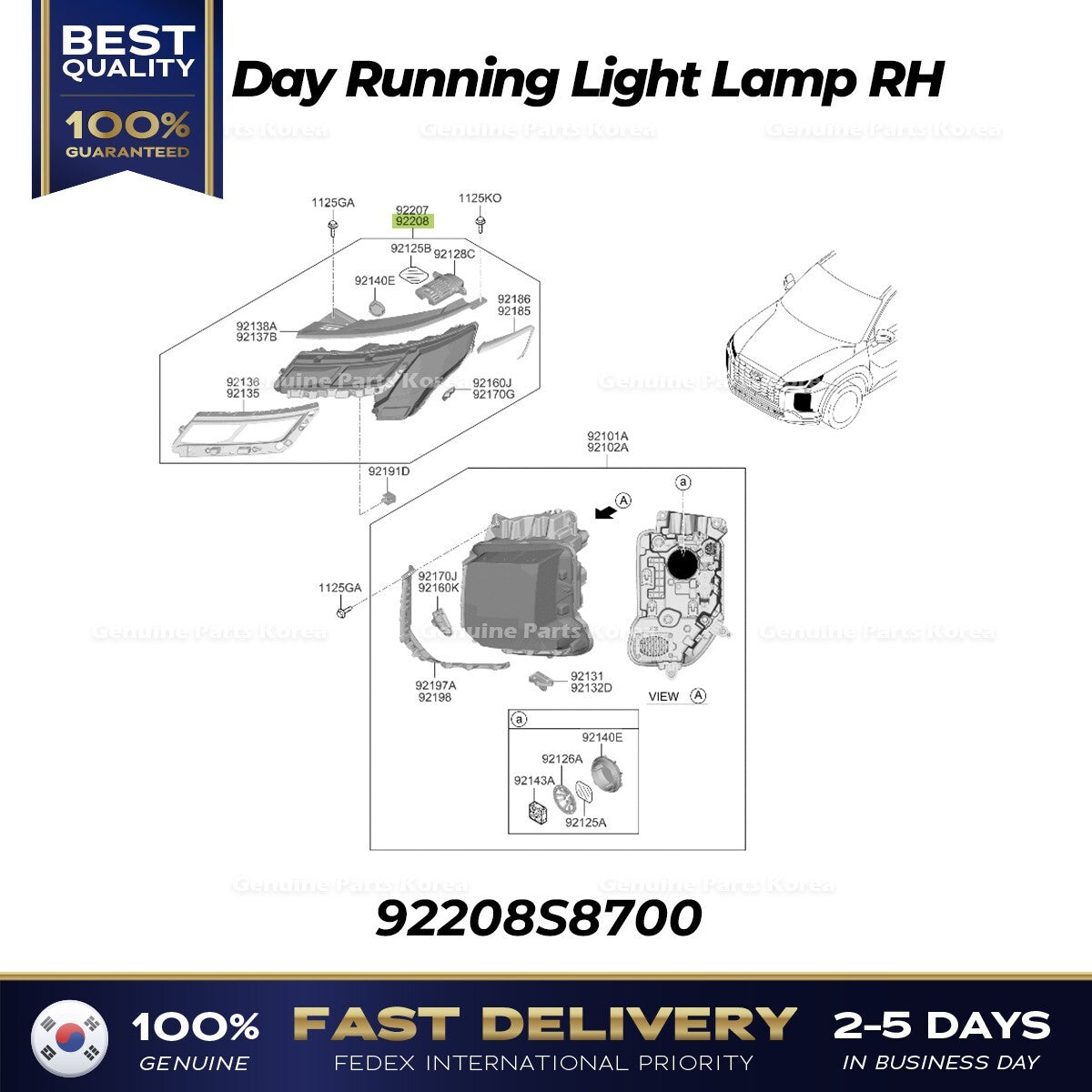 Genuine Day Running Light Lamp RH 92208S8700 for Hyundai Palisade