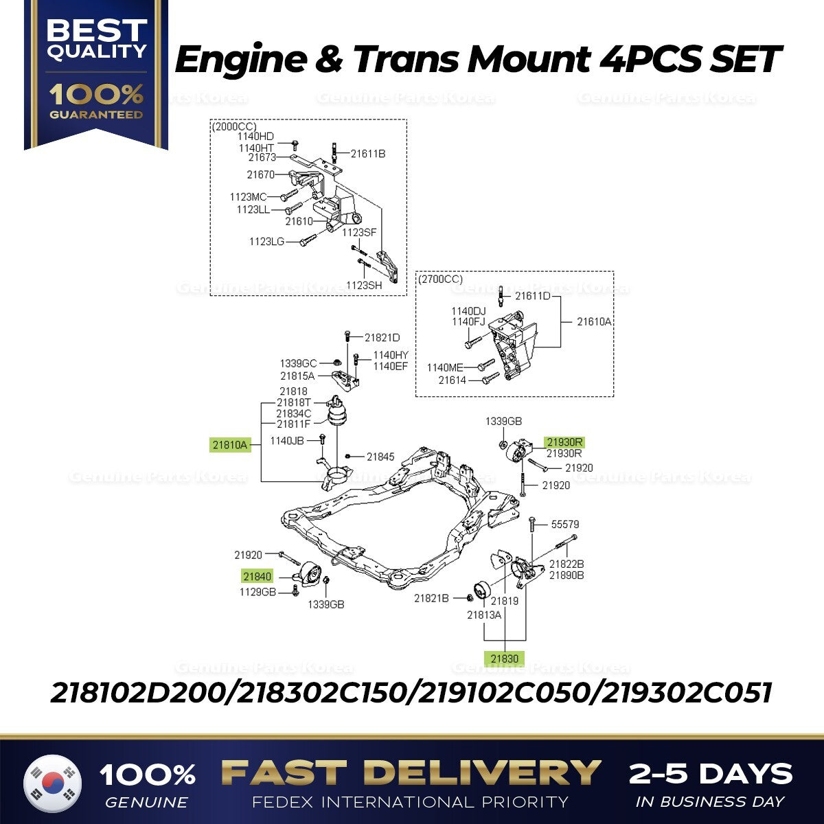 Genuine Engine & Trans Mount 4PCS SET for Hyundai Tiburon