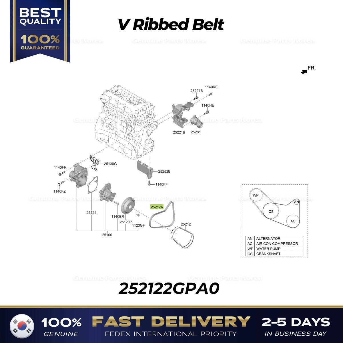 Genuine V Ribbed Belt 252122GPA0 for Hyundai Elantra N Veloster N