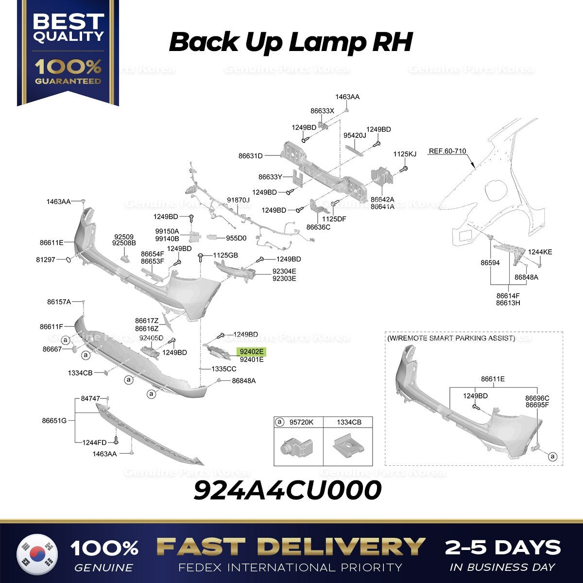 Genuine Back Up Lamp RH 924A4CU000 for Hyundai Genesis GV60