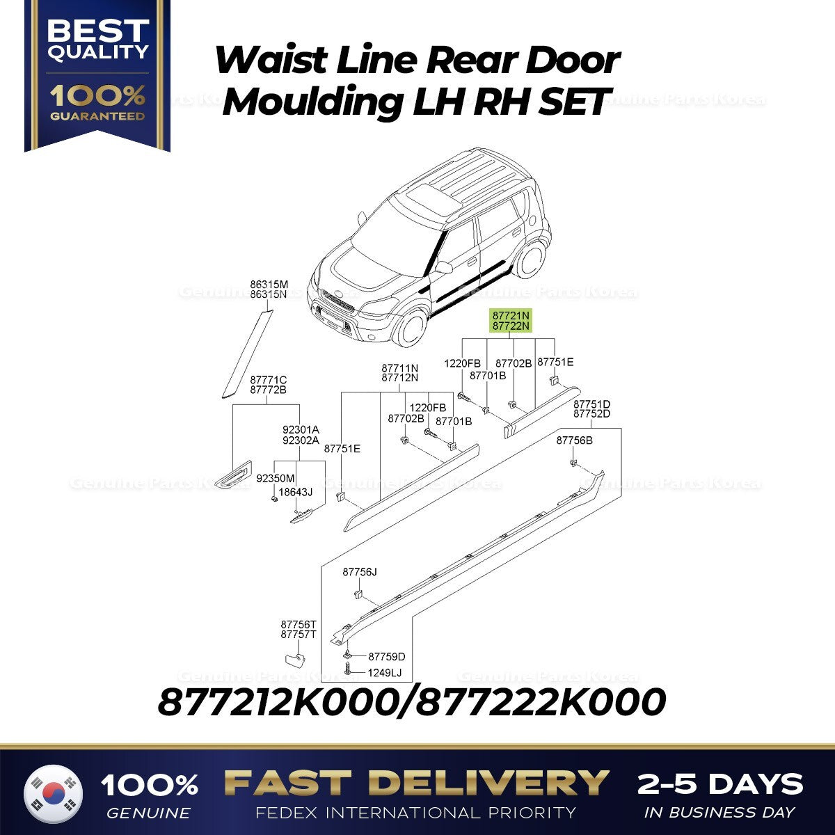 Genuine Waist Line Rear Door Moulding LH RH SET for Kia Soul
