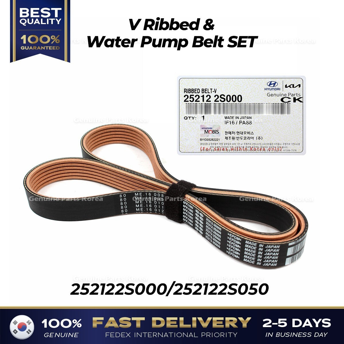 Genuine V Ribbed & Water Pump Belt SET for Hyundai Santa Fe Kia Sorento