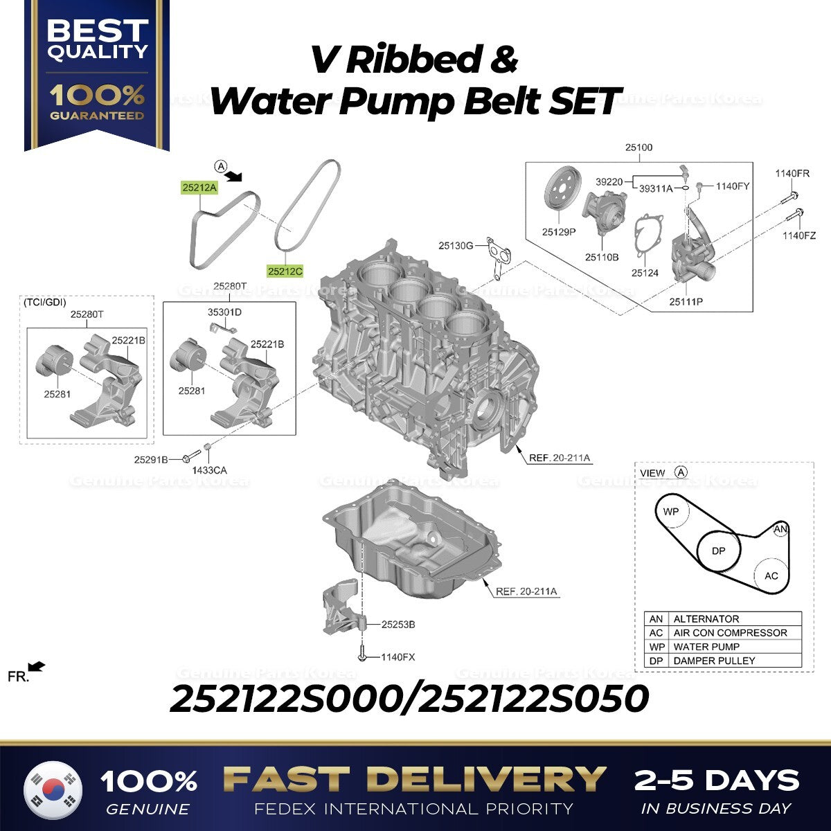 Genuine V Ribbed & Water Pump Belt SET for Hyundai Santa Fe Kia Sorento