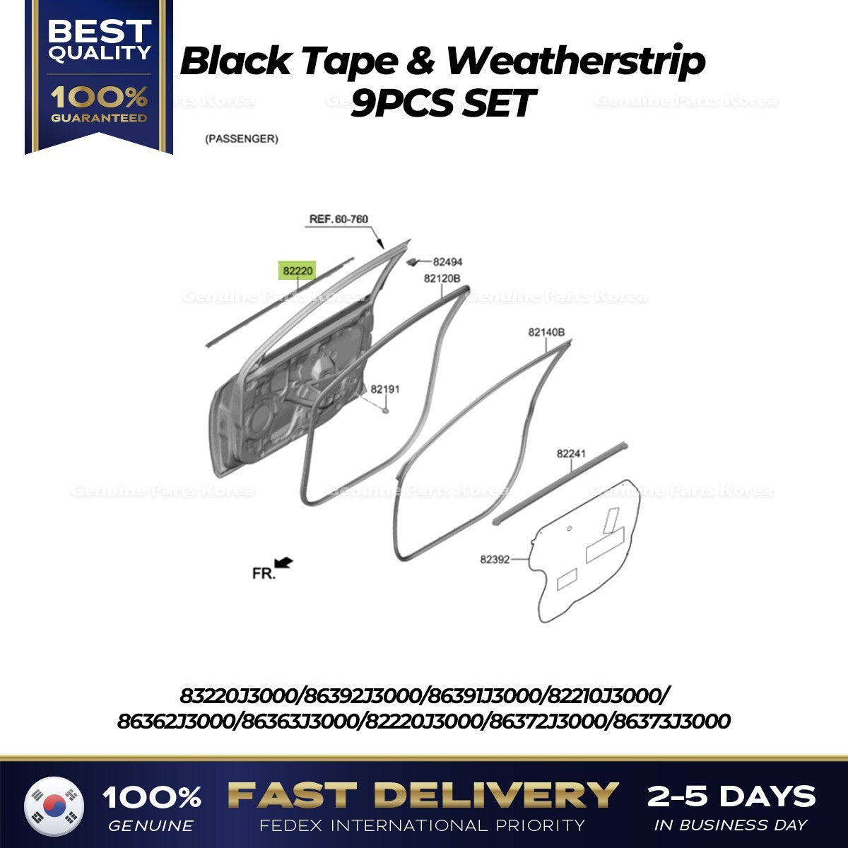 Genuine Black Tape & Weatherstrip 9PCS SET for Hyundai Veloster