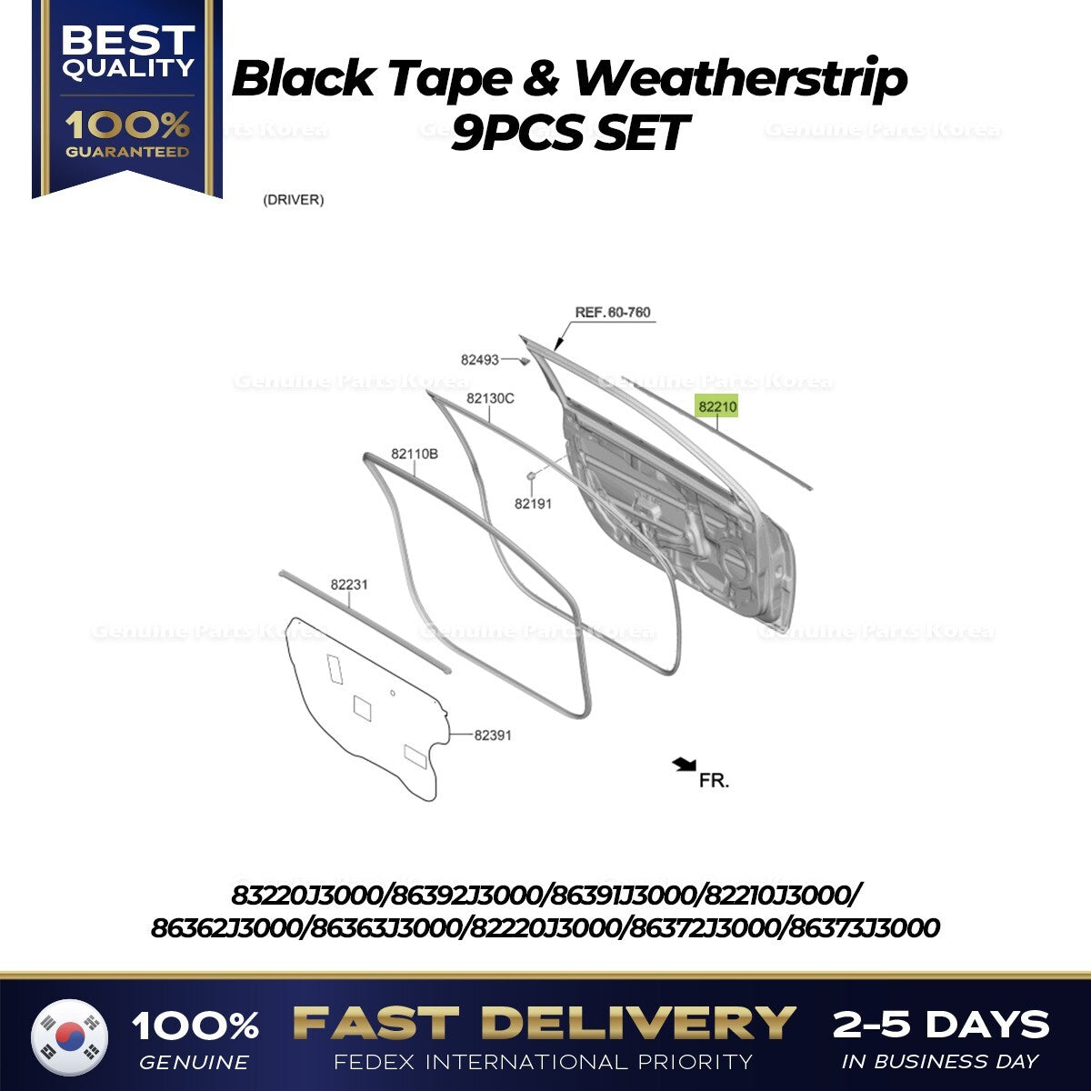 Genuine Black Tape & Weatherstrip 9PCS SET for Hyundai Veloster