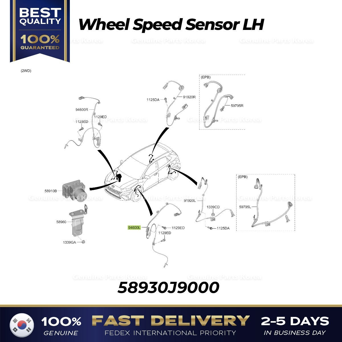 Genuine Wheel Speed Sensor LH 58930J9000 for Hyundai Kona