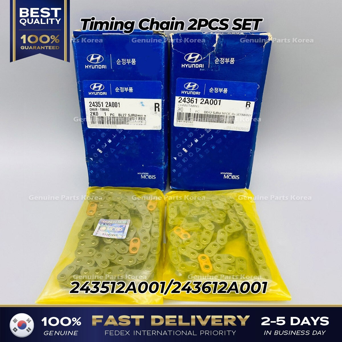 Genuine Timing Chain 2PCS SET 243512A001 243612A001 for Hyundai Accent Kia Carens