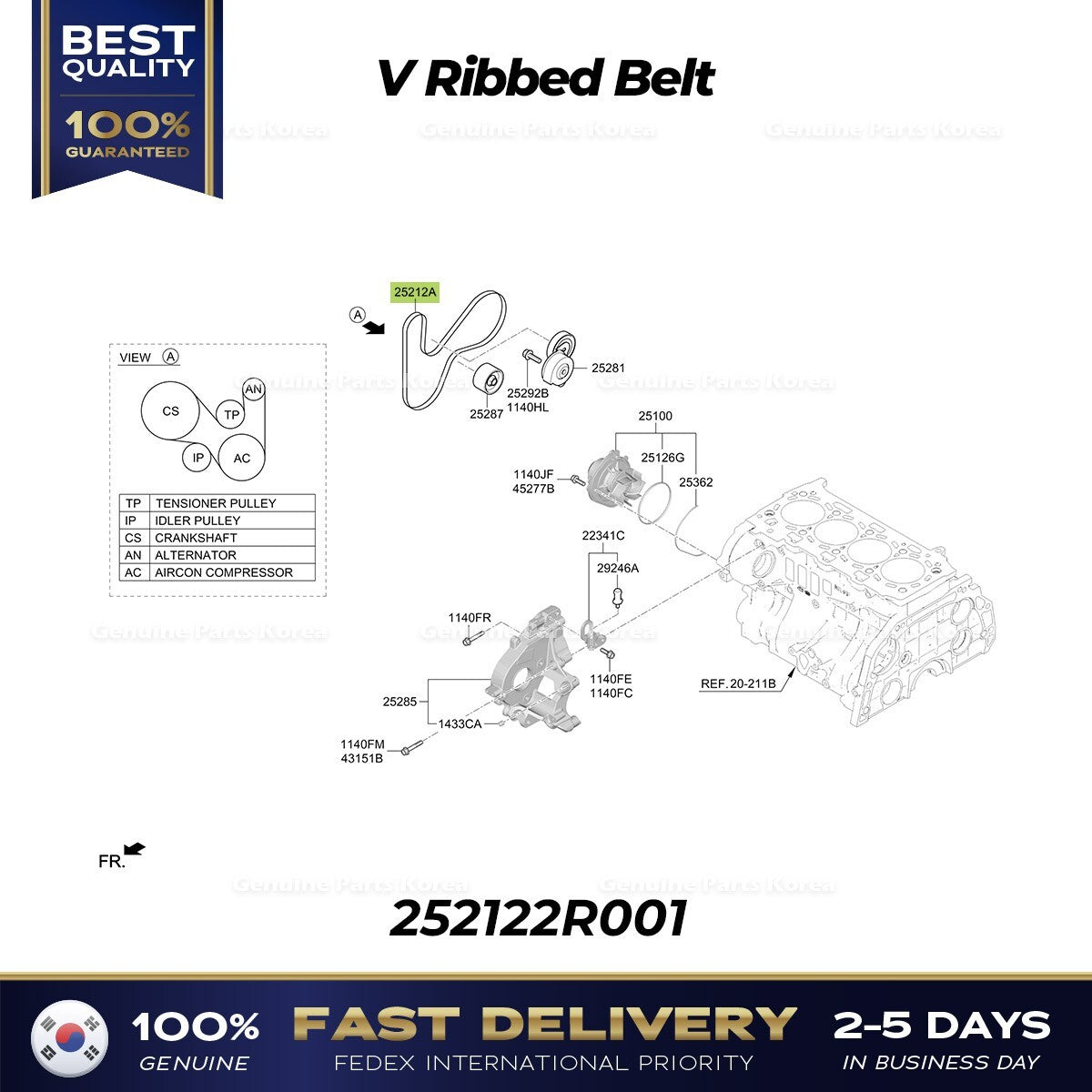 Genuine V Ribbed Belt 252122R001 for Hyundai Santa Fe Kia Carnival