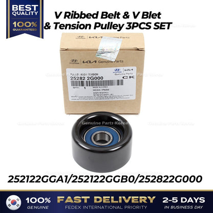 Genuine V Ribbed Belt & V Blet & Tension Pulley 3PCS SET for Hyundai Kia
