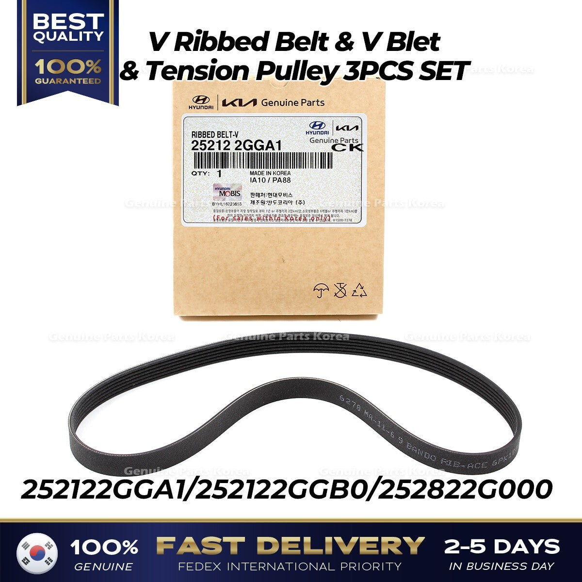 Genuine V Ribbed Belt & V Blet & Tension Pulley 3PCS SET for Hyundai Kia
