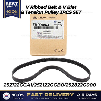 Genuine V Ribbed Belt & V Blet & Tension Pulley 3PCS SET for Hyundai Kia