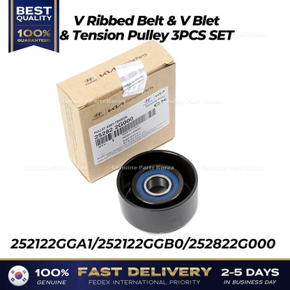 Genuine V Ribbed Belt & V Blet & Tension Pulley 3PCS SET for Hyundai Kia