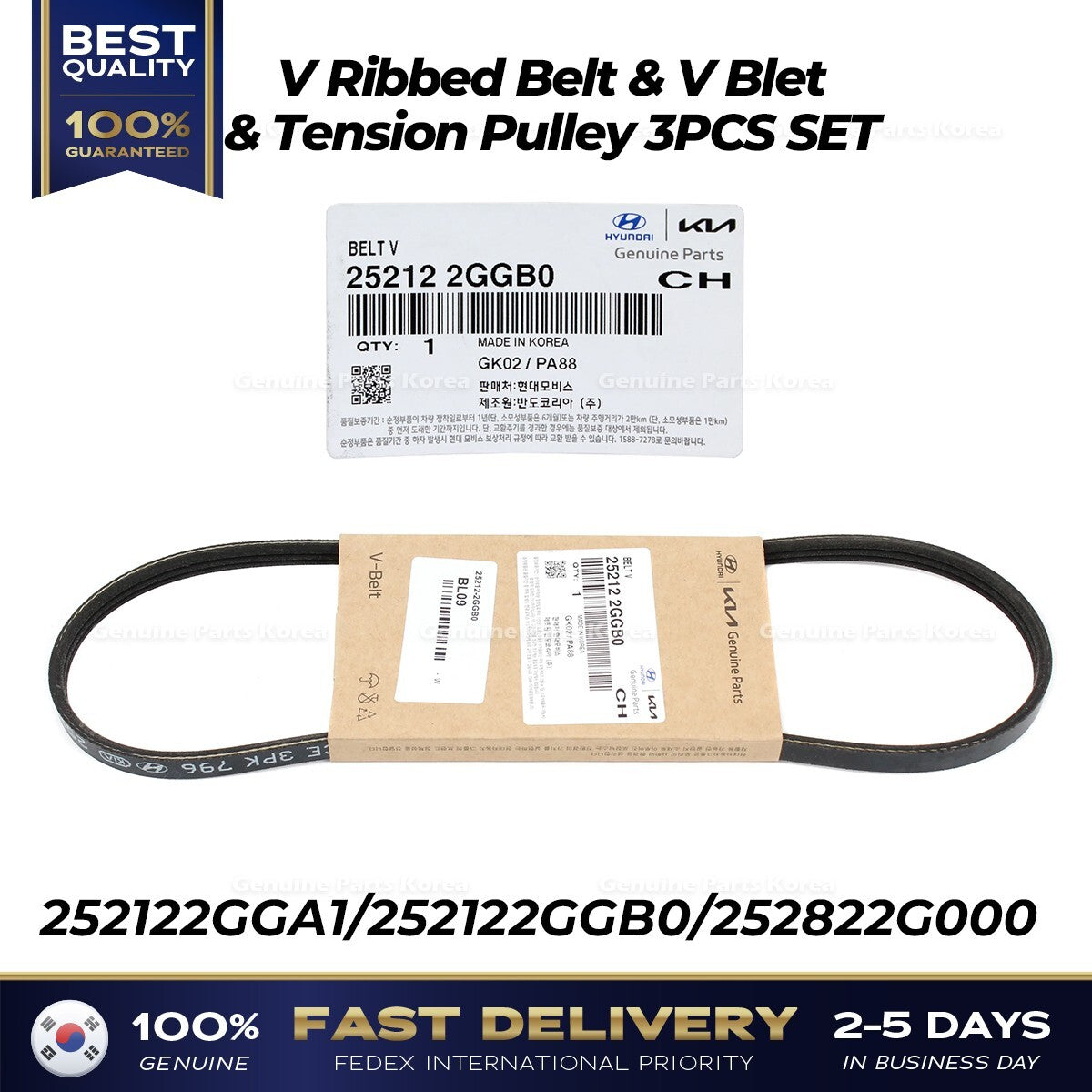 Genuine V Ribbed Belt & V Blet & Tension Pulley 3PCS SET for Hyundai Kia