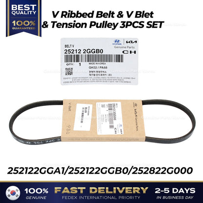 Genuine V Ribbed Belt & V Blet & Tension Pulley 3PCS SET for Hyundai Kia