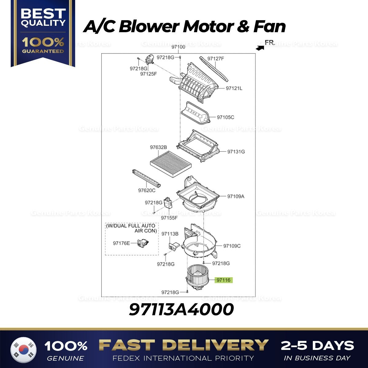 Genuine A/C Blower Motor & Fan 97113A4000 for Hyundai Elantra