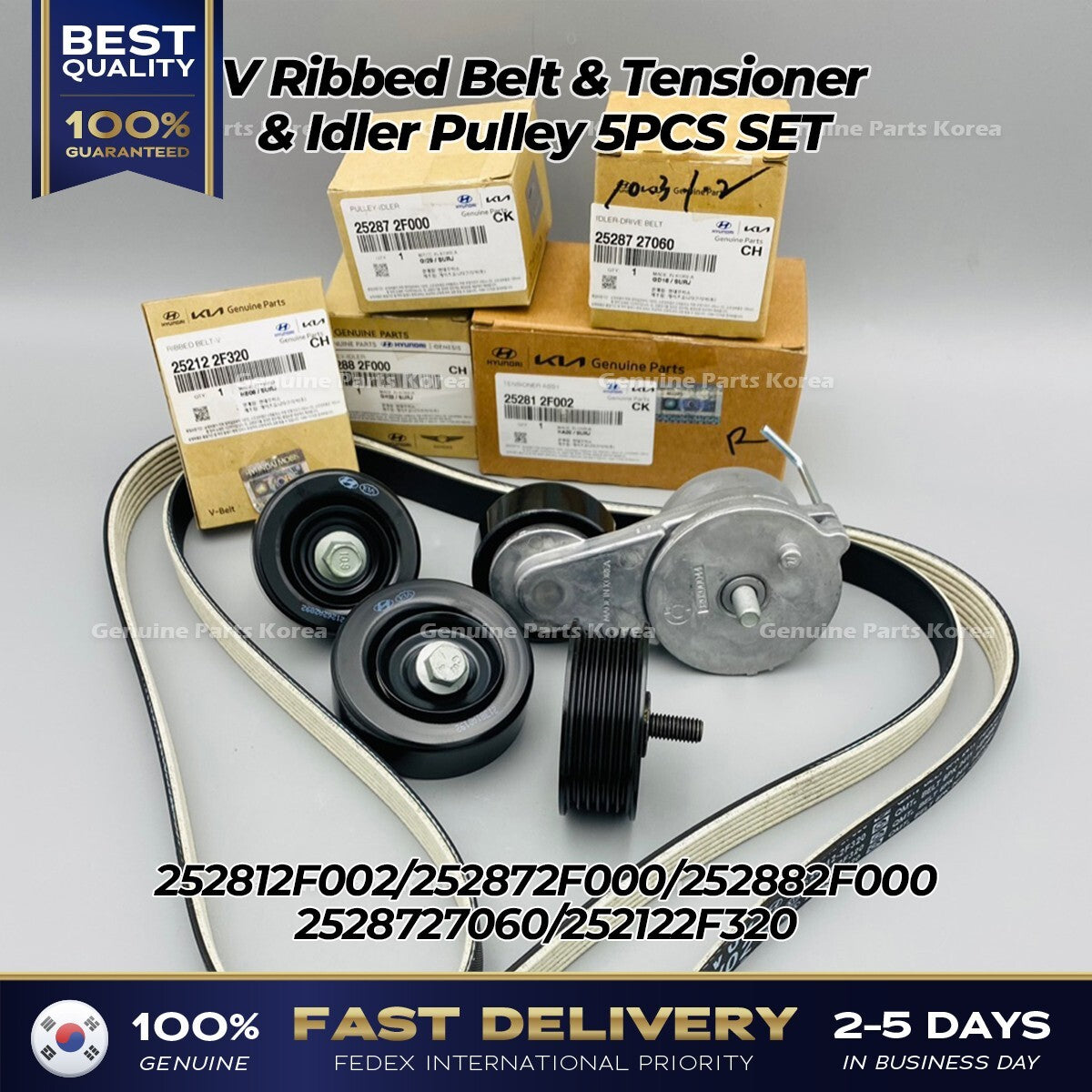 Genuine V Ribbed Belt & Tensioner & Idler Pulley 5PCS SET for Hyundai Tucson