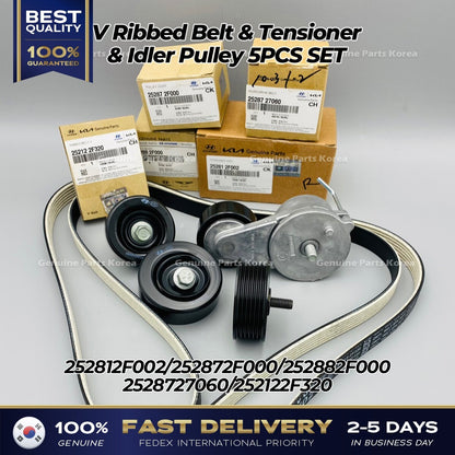 Genuine V Ribbed Belt & Tensioner & Idler Pulley 5PCS SET for Hyundai Tucson
