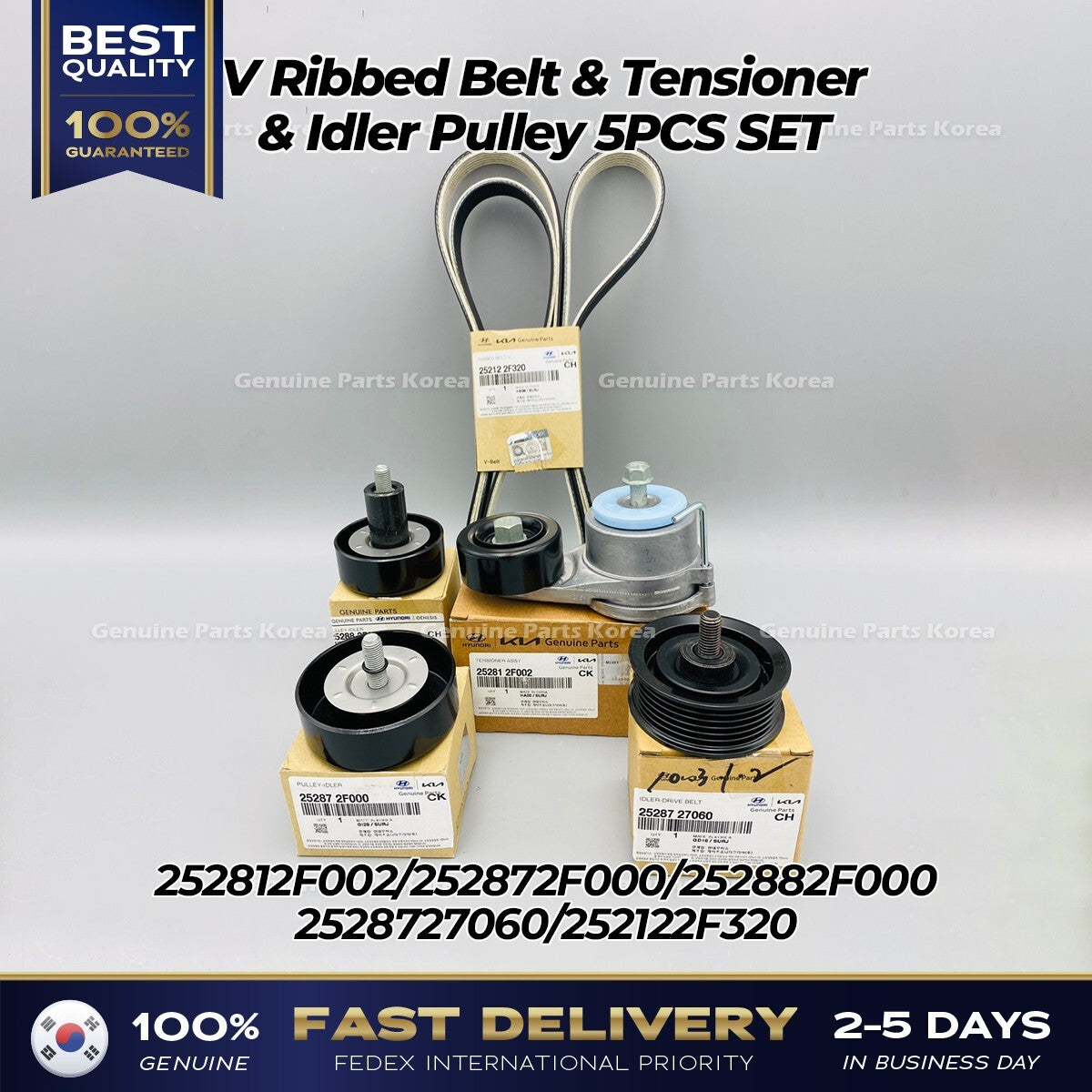 Genuine V Ribbed Belt & Tensioner & Idler Pulley 5PCS SET for Hyundai Tucson