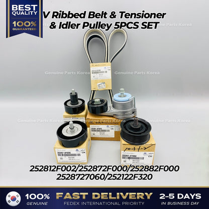 Genuine V Ribbed Belt & Tensioner & Idler Pulley 5PCS SET for Hyundai Tucson