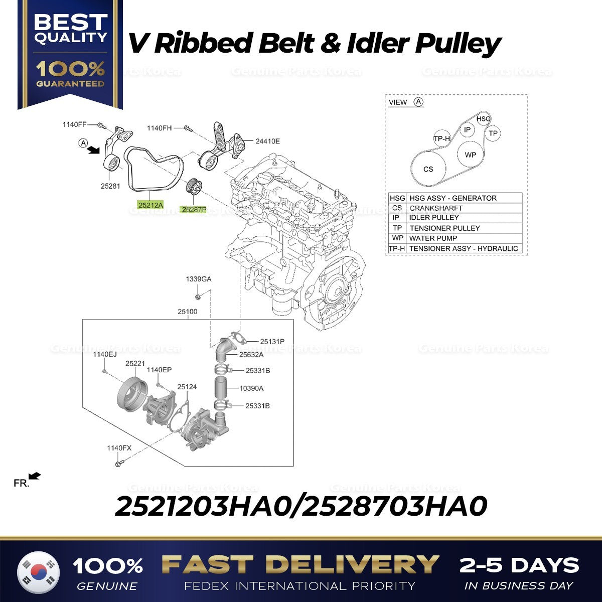 Genuine V Ribbed Belt & Idler Pulley 2521203HA0 2528703HA0 for Hyundai Elantra