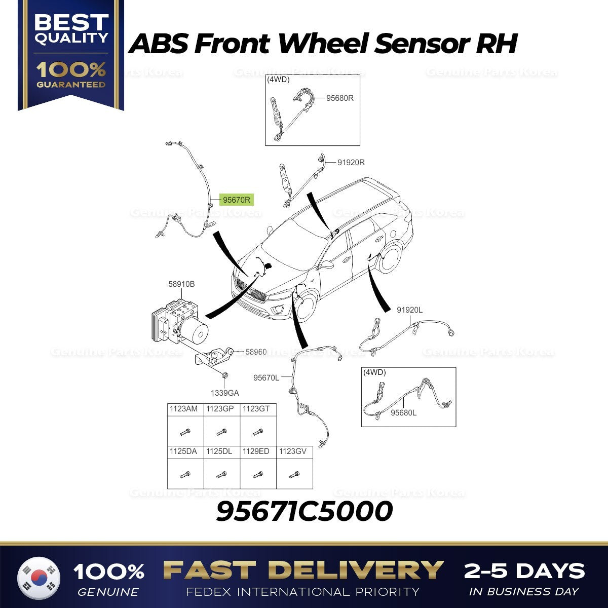 Genuine ABS Front Wheel Sensor RH 95671C5000 for Kia Sorento