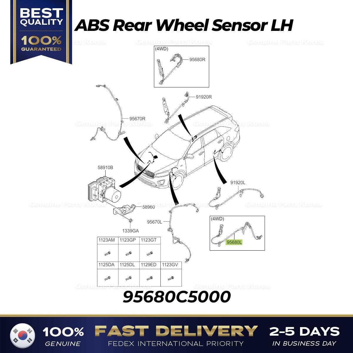 Genuine ABS Rear Wheel Sensor LH 95680C5000 for Kia Sorento