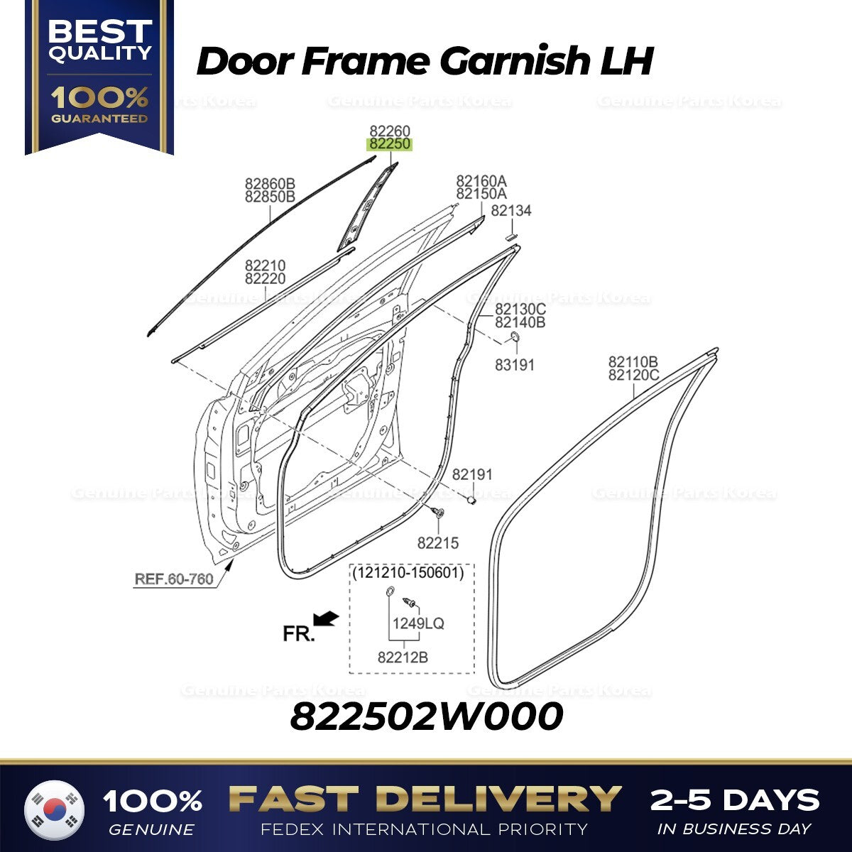 Genuine Door Frame Garnish LH 822502W000 for Hyundai Santa Fe