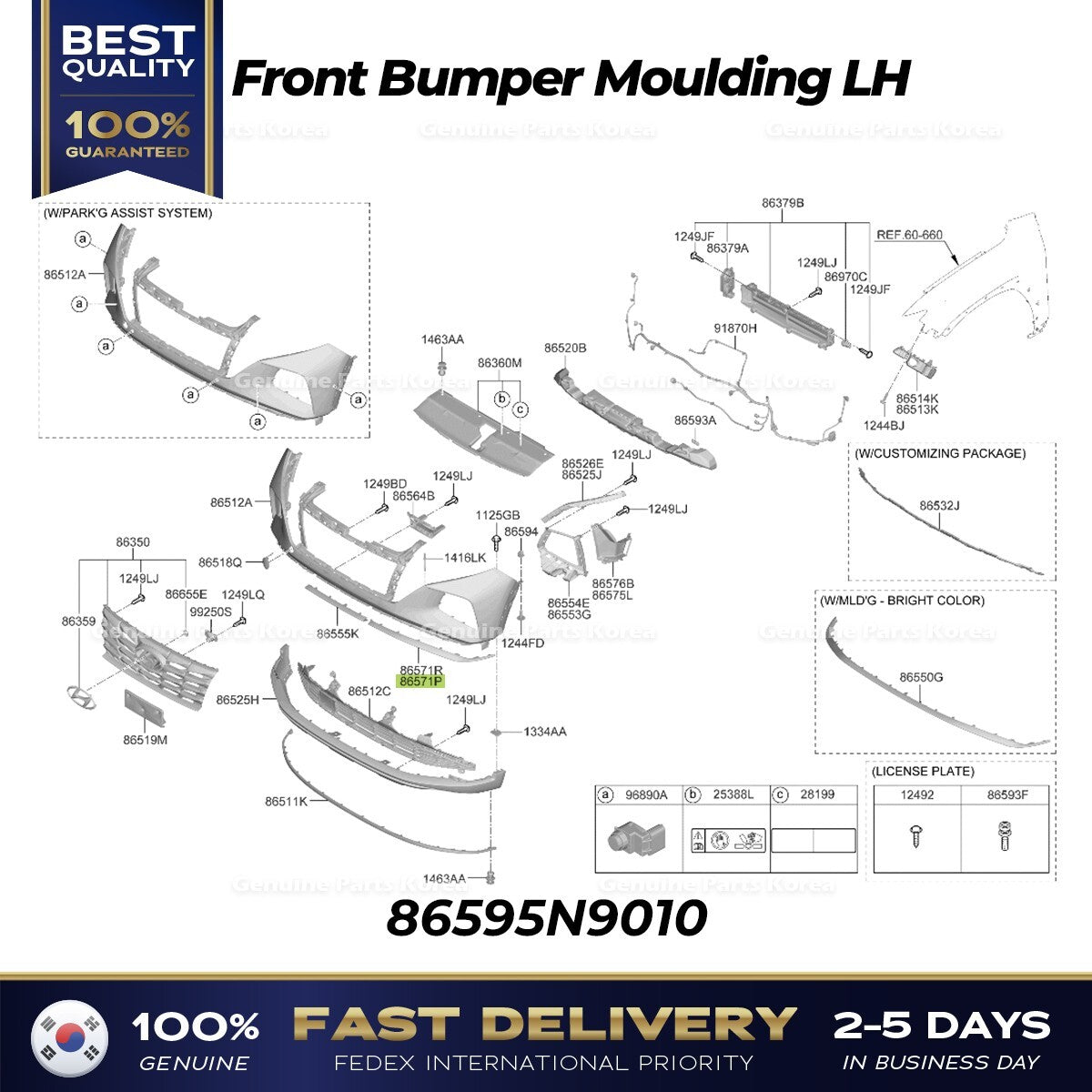 Genuine Front Bumper Moulding LH 86595N9010 for Hyundai Tucson