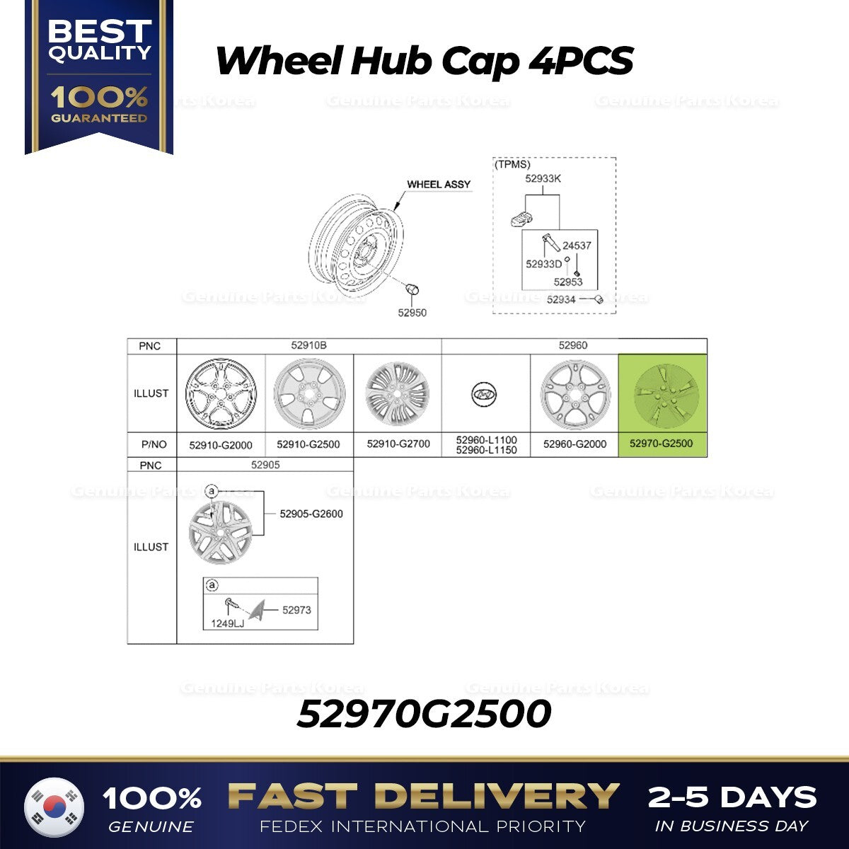 Genuine Wheel Hub Cap 4PCS 52970G2500 for Hyundai Ioniq
