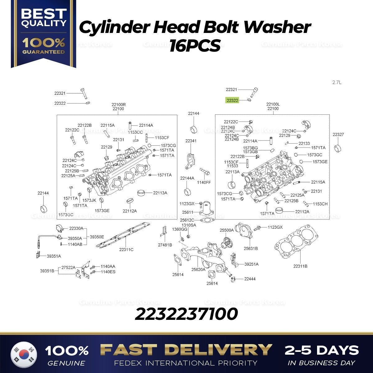 Genuine Cylinder Head Bolt Washer 16PCS for Hyundai Santa Fe Kia Optima