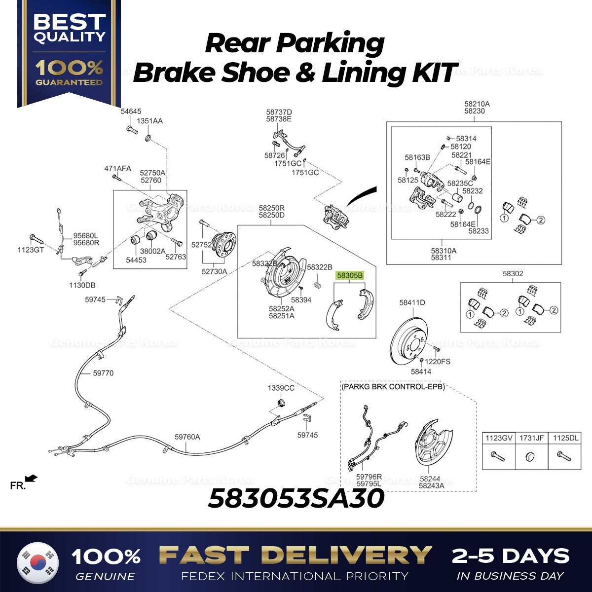 Genuine Rear Parking Brake Shoe & Lining KIT 583053SA30 for Hyundai Sonata