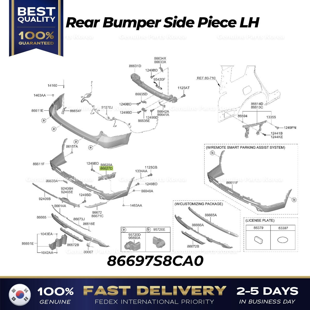 Genuine Rear Bumper Side Piece LH 86697S8CA0 for Hyundai Palisade