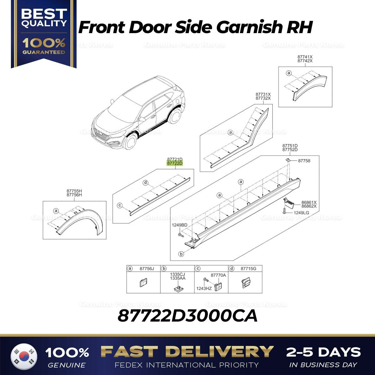 Genuine Front Door Side Garnish RH 87722D3000CA for Hyundai Tucson