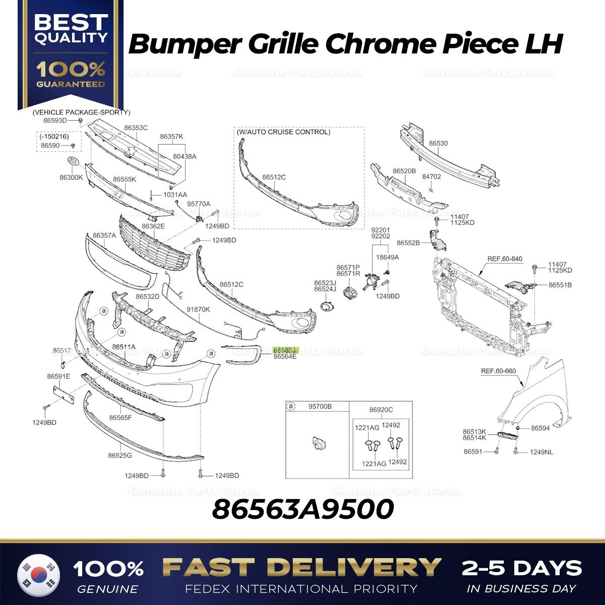 Genuine Bumper Grille Chrome Piece LH 86563A9500 for Kia Sedona