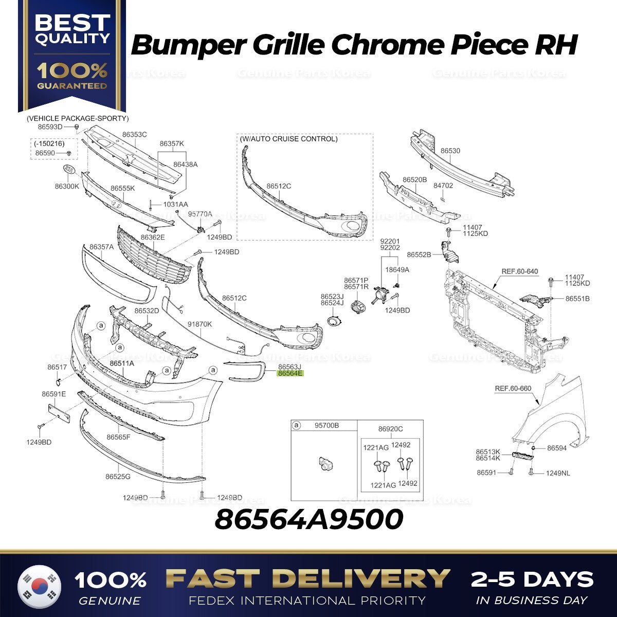 Genuine Bumper Grille Chrome Piece RH 86564A9500 for Kia Sedona