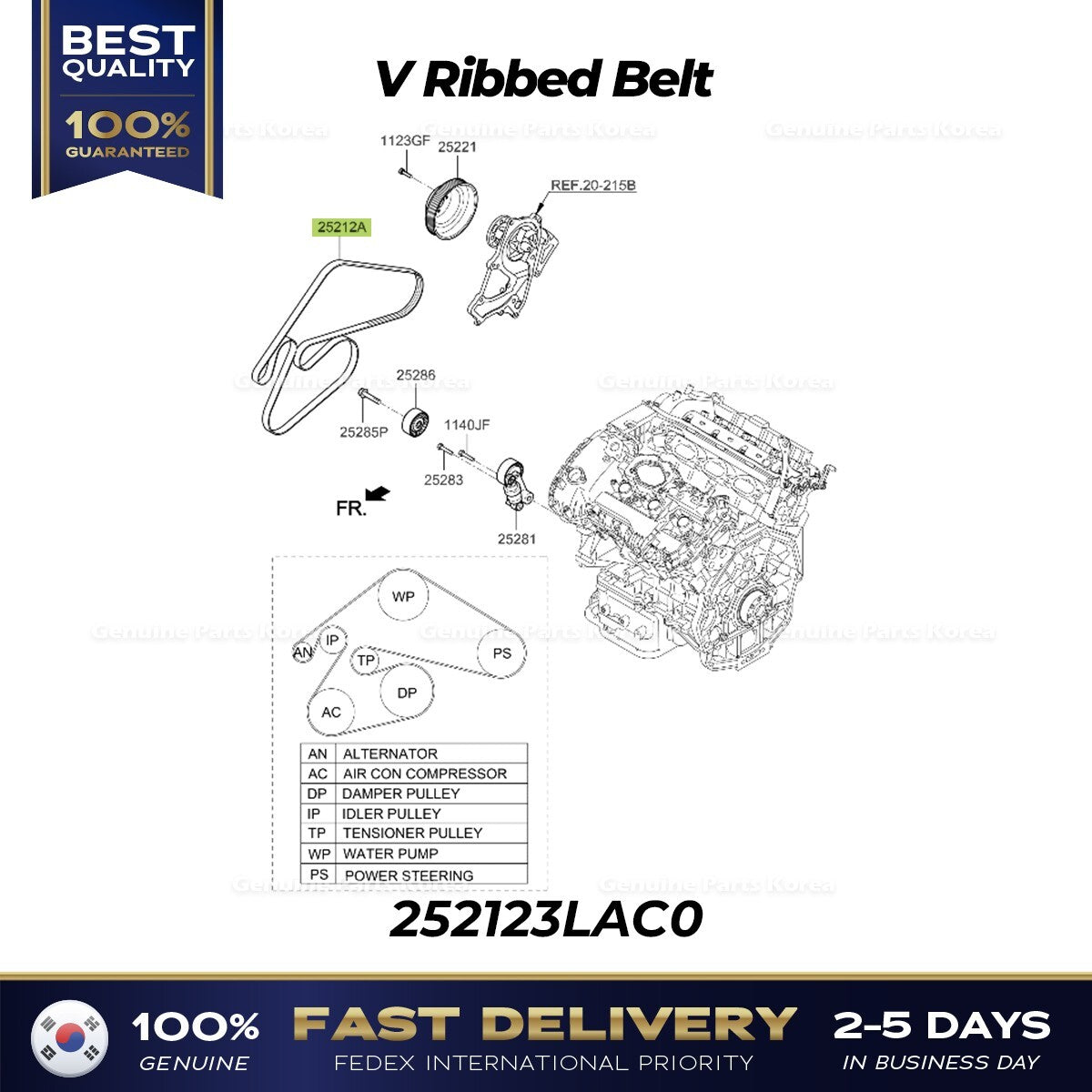Genuine V Ribbed Belt 252123LAC0 for Hyundai Palisade Kia Telluride