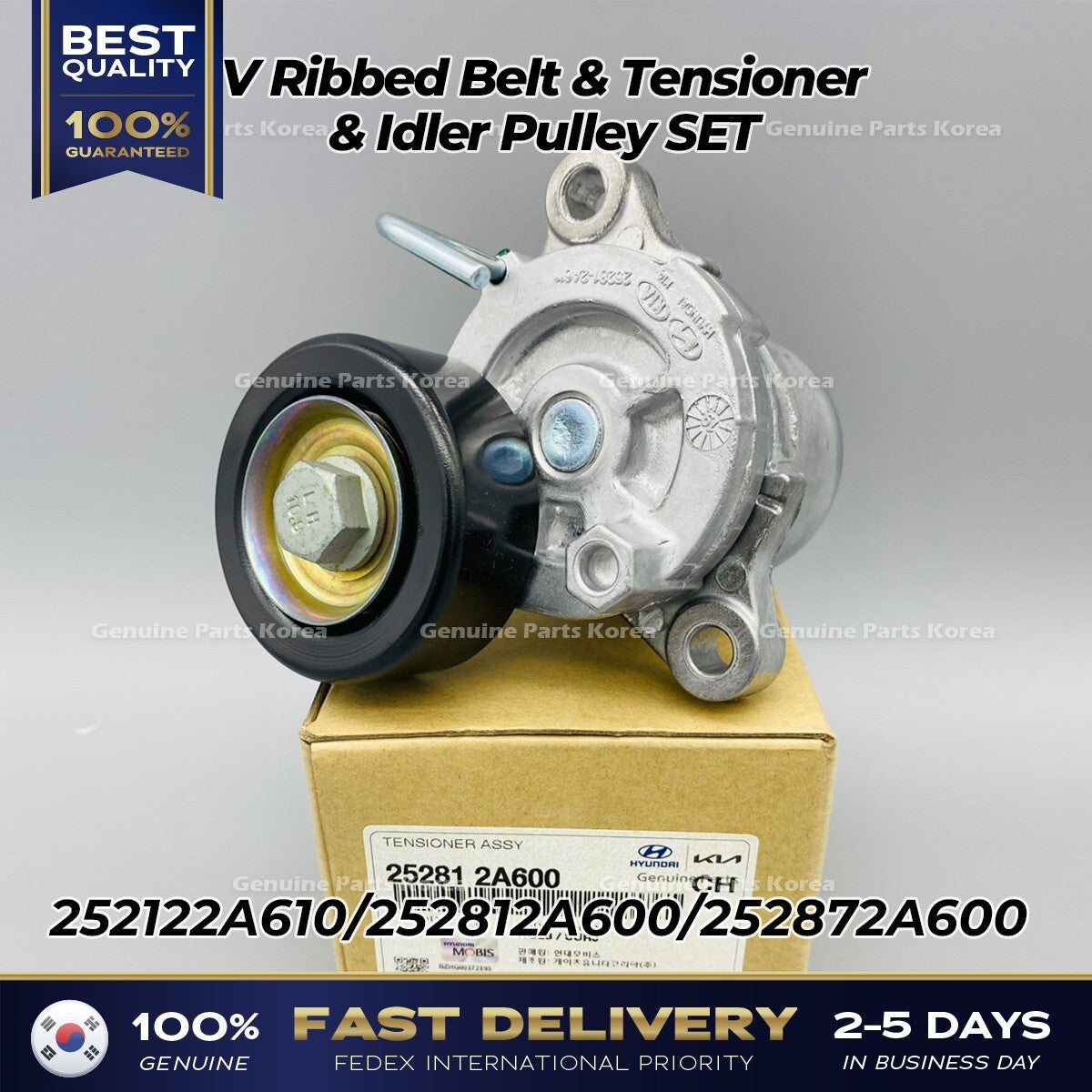 Genuine V Ribbed Belt & Tensioner & Idler Pulley SET for Hyundai Accent