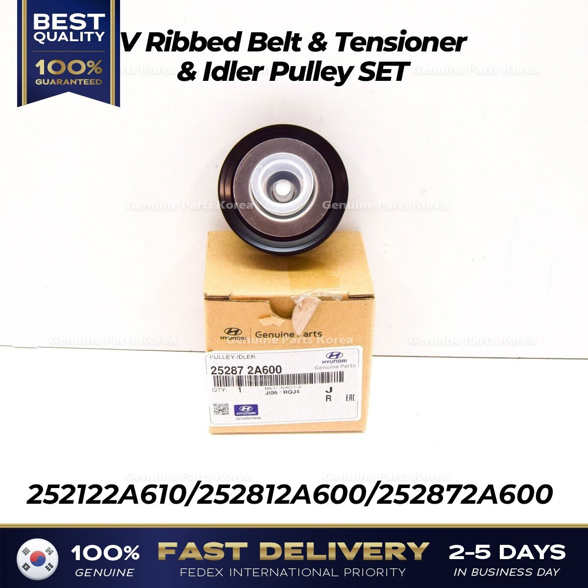 Genuine V Ribbed Belt & Tensioner & Idler Pulley SET for Hyundai Accent