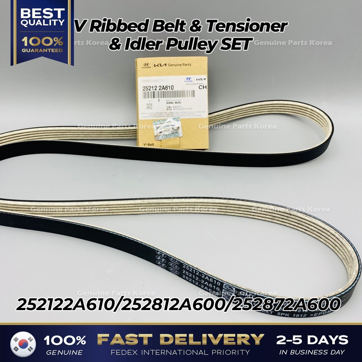 Genuine V Ribbed Belt & Tensioner & Idler Pulley SET for Hyundai Accent