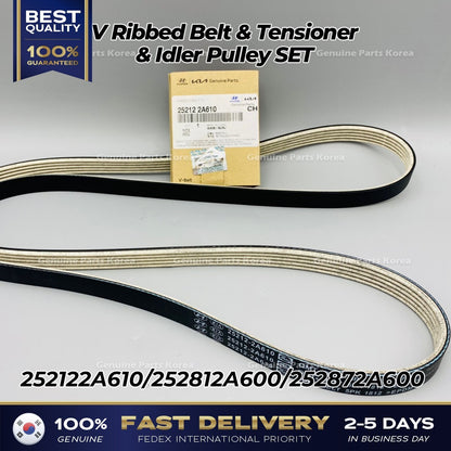 Genuine V Ribbed Belt & Tensioner & Idler Pulley SET for Hyundai Accent