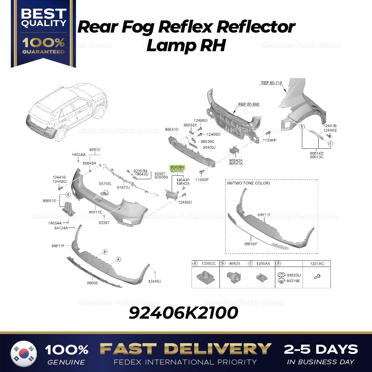 Genuine Rear Fog Reflex Reflector Lamp RH 92406K2100 for Hyundai Venue