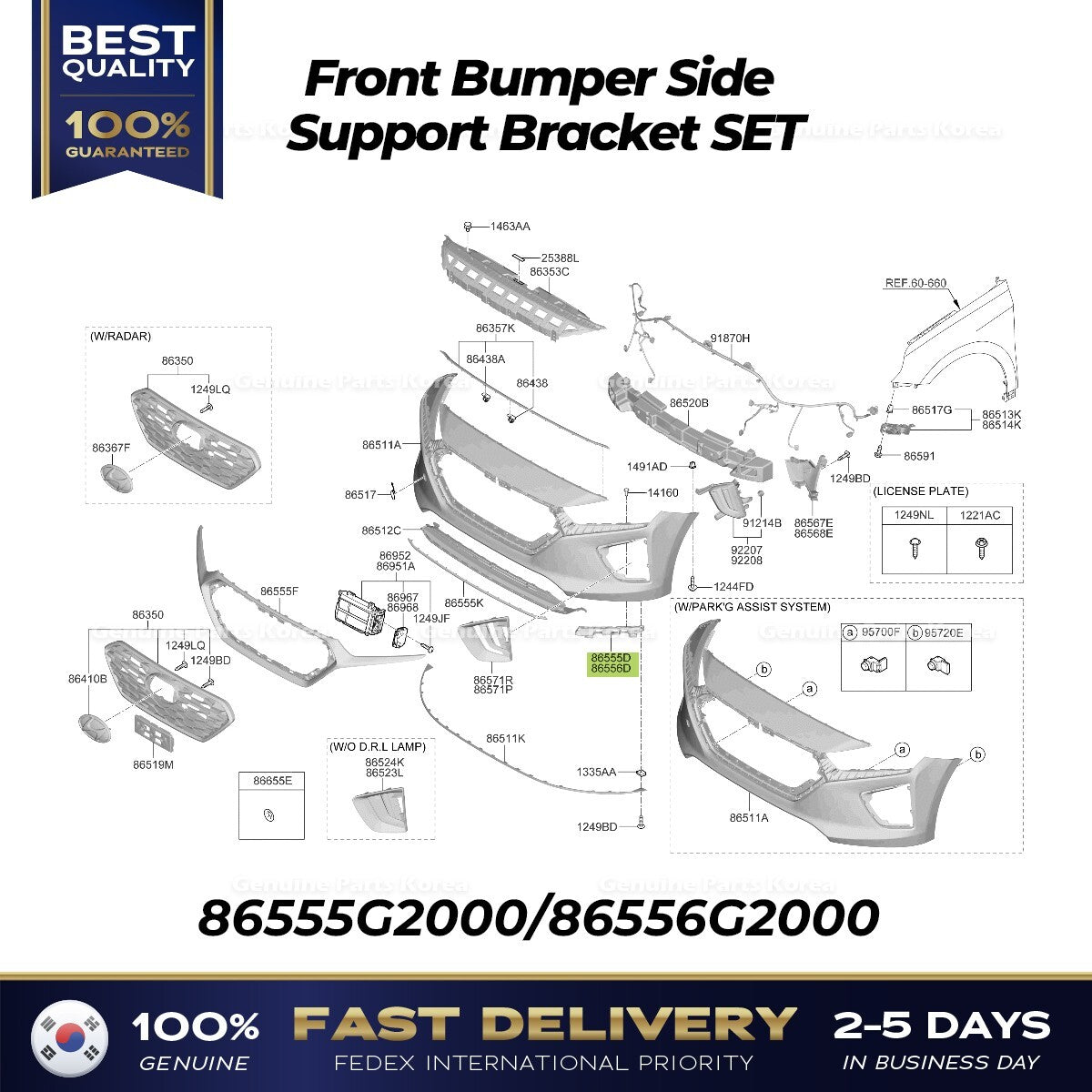 Genuine Front Bumper Side Support Bracket SET 86555G2000 86556G2000 for Ioniq