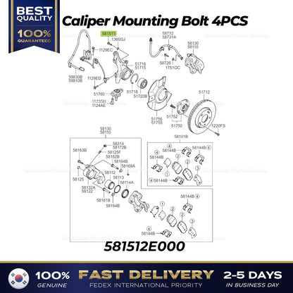 Genuine Caliper Mounting Bolt 4PCS 581512E000 for Hyundai Kia
