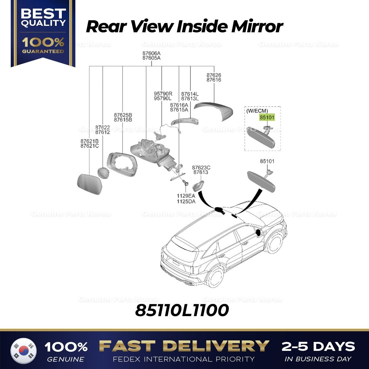 Genuine Rear View Inside Mirror 85110L1100 for Hyundai Elantra Kia EV6 Niro