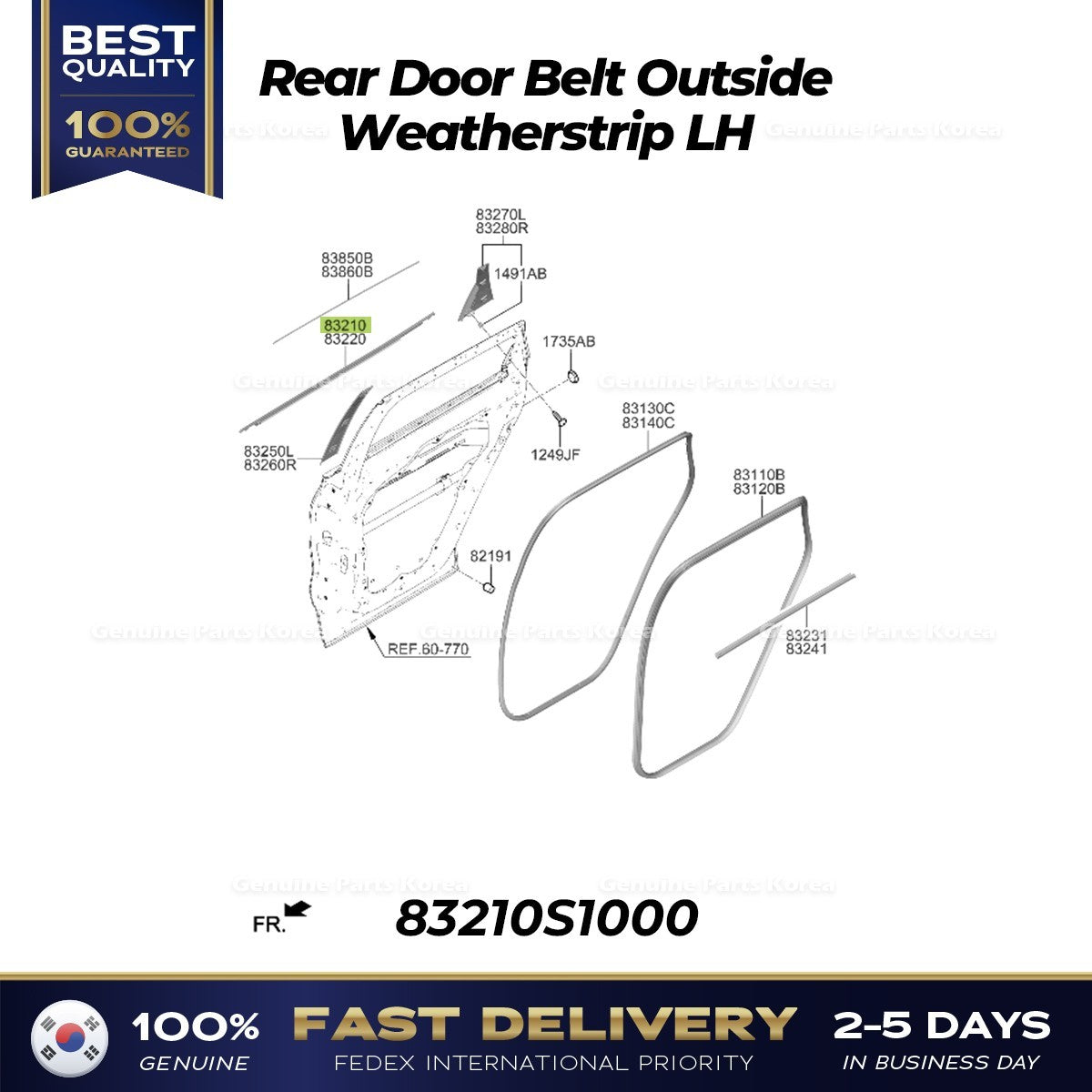 Genuine Rear Door Belt Outside Weatherstrip LH 83210S1000 for Hyundai Santa Fe