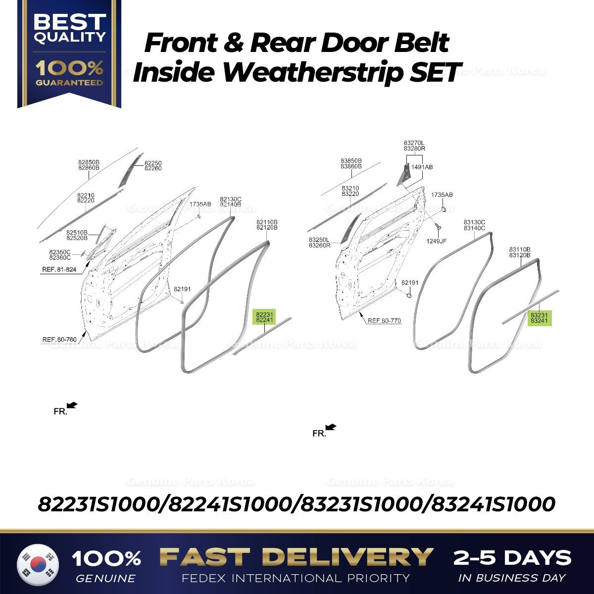 Genuine Front & Rear Door Belt Inside Weatherstrip SET for Hyundai Santa Fe